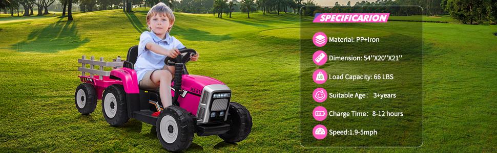 Garvee 12V Electric Ride-On Tractor with Detachable Trailer, Remote Control, 7 LED Headlights, Music & USB Port, 2+1 Gear Shift, Durable Treaded or EVA Tires, Suitable for Ages 3-6, Multiple Colors