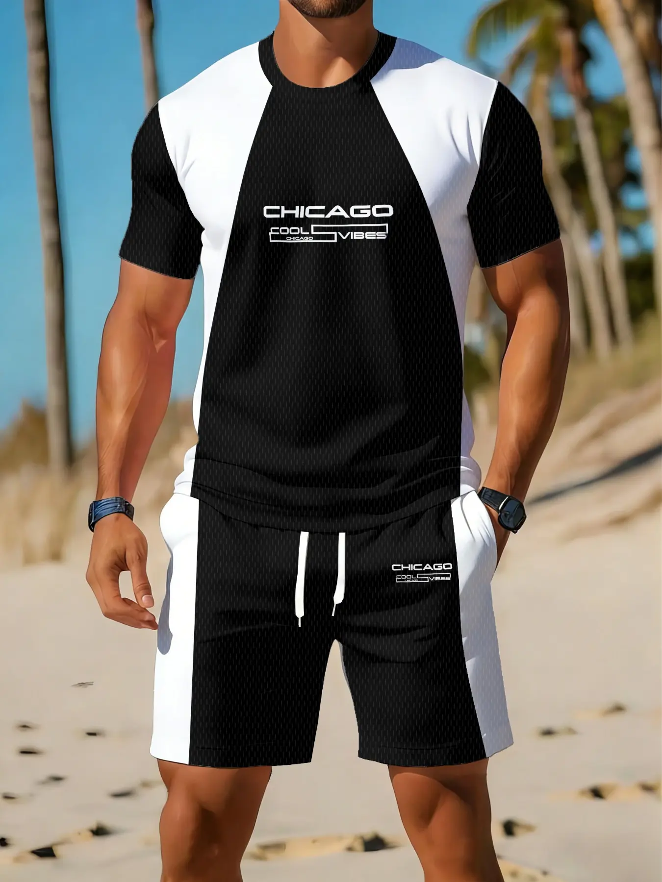 Men's stylish color-blocked printed tracksuit, suitable for sports and fitness, as well as everyday casual wear. Lightweight and breathable summer men's two-piece set.
