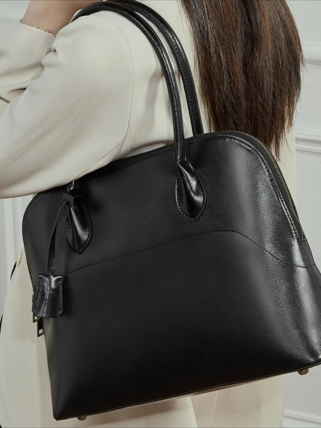 Haute couture handmade first layer swift cowhide shell bag genuine leather handbag commuting large capacity bowling bag women's bag