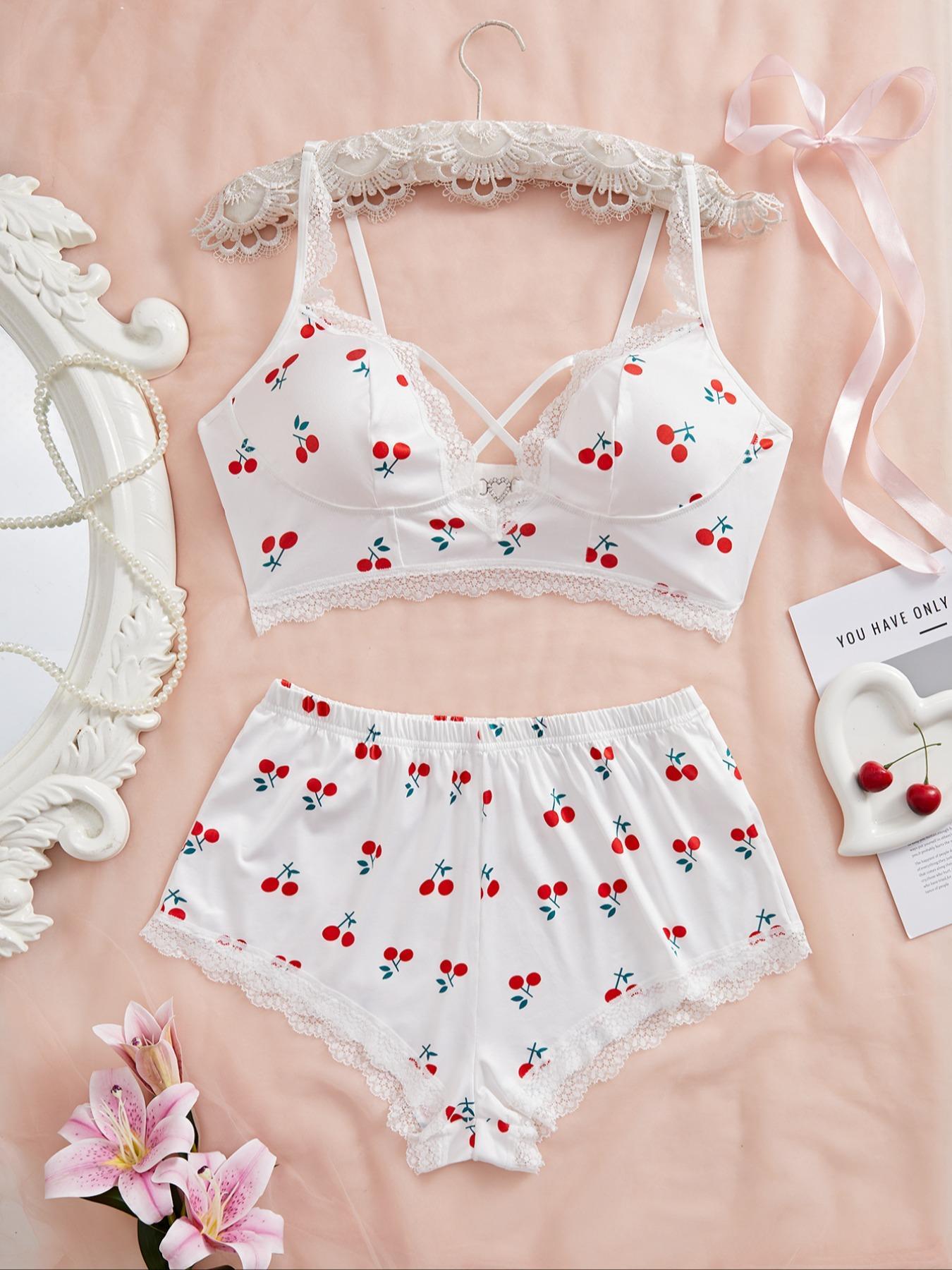 【Plus Size】 Cherry Print Bra & Panty Two-Piece Set, Lady Contrast Lace Detail Bra & Panty, Cheeky Bottoms Plus Size, Women's Underwear Set for All Seasons, Bra Sets