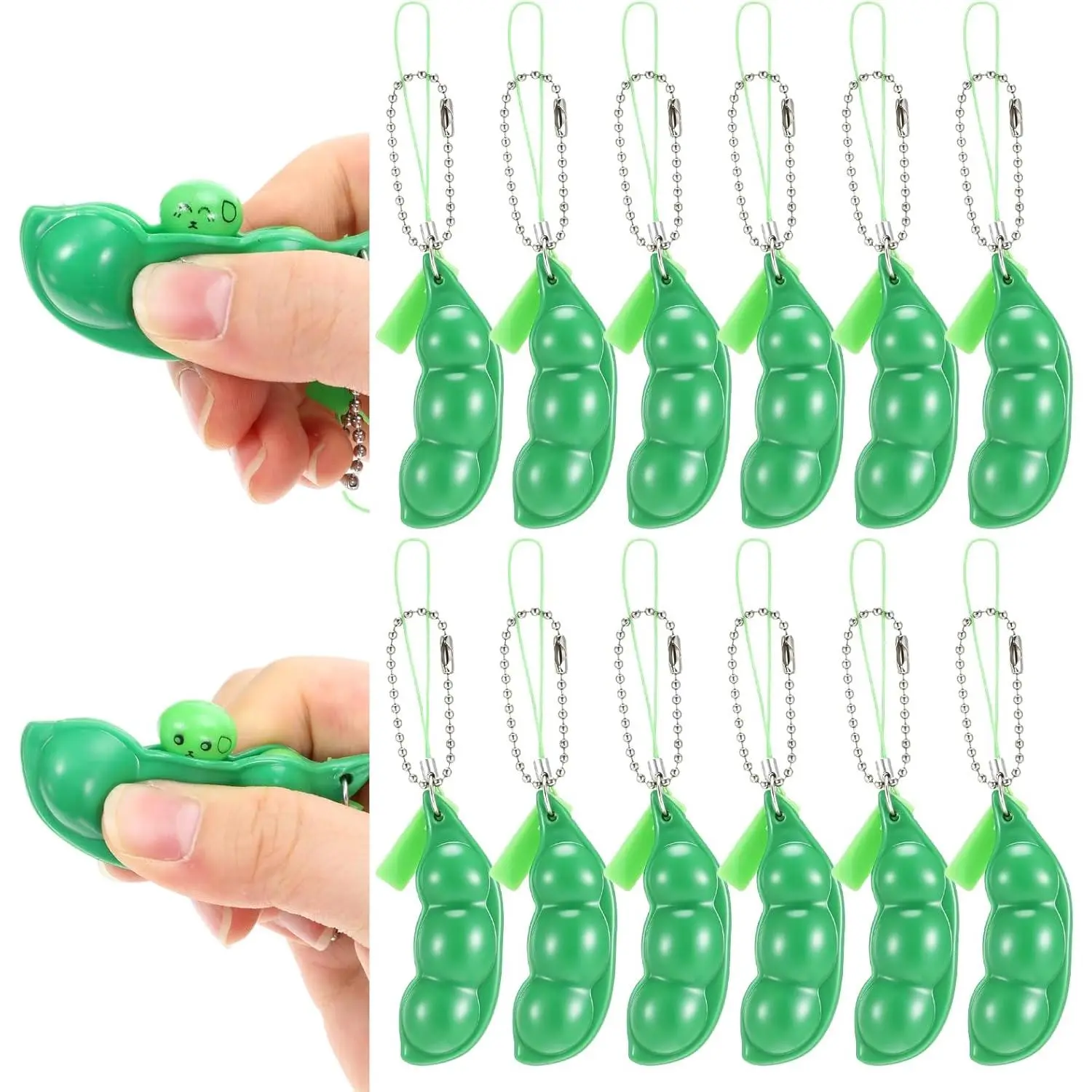 12 Pcs Green Squeeze Bean Keychain Soybean Stress Relieving Charms Extrusion Edamame Pea Keychain Funny Squishy Soy Popper Keyring for Mobile Phones and Keys Decoration Adults Party Favors