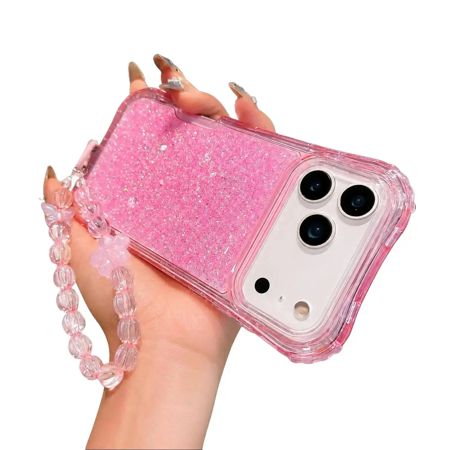 3-in-1 Glitter Bling Phone Case - Beaded Flower Wristlet Bracelet Strap, Shockproof Air Corner Cushion Cover For iPhone 17 Pro Max 17 Pro 16 15 14 13 Pro Max Pro Plus