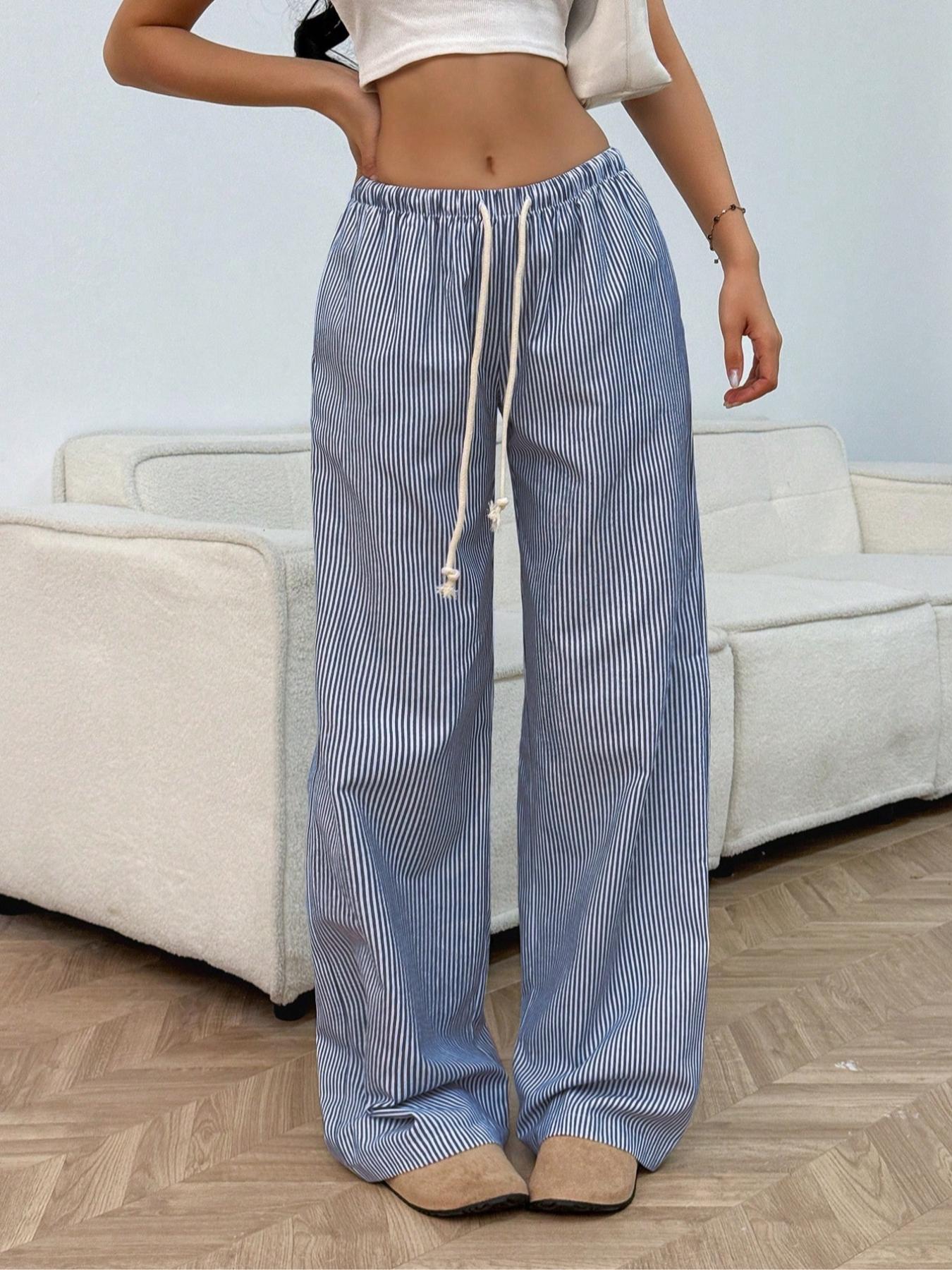 Women's Striped Print Tie Waist Pants, Casual Comfy Basic Wide Leg Trousers for Summer, Women's Bottoms for Daily Wear, Womenswear