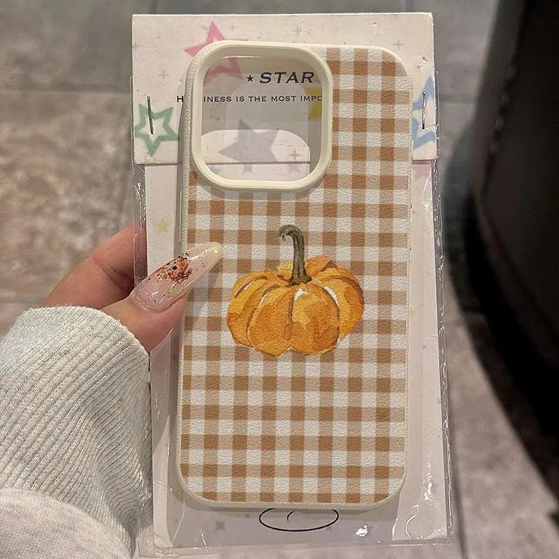 Brown Pumpkin Plaid Phone Case Autumn Cottagecore Fall Design Soft Silicone Cover for iPhone 17 16 15 14 13 12 11 X Plus Pro Max Fall Lover Gift
