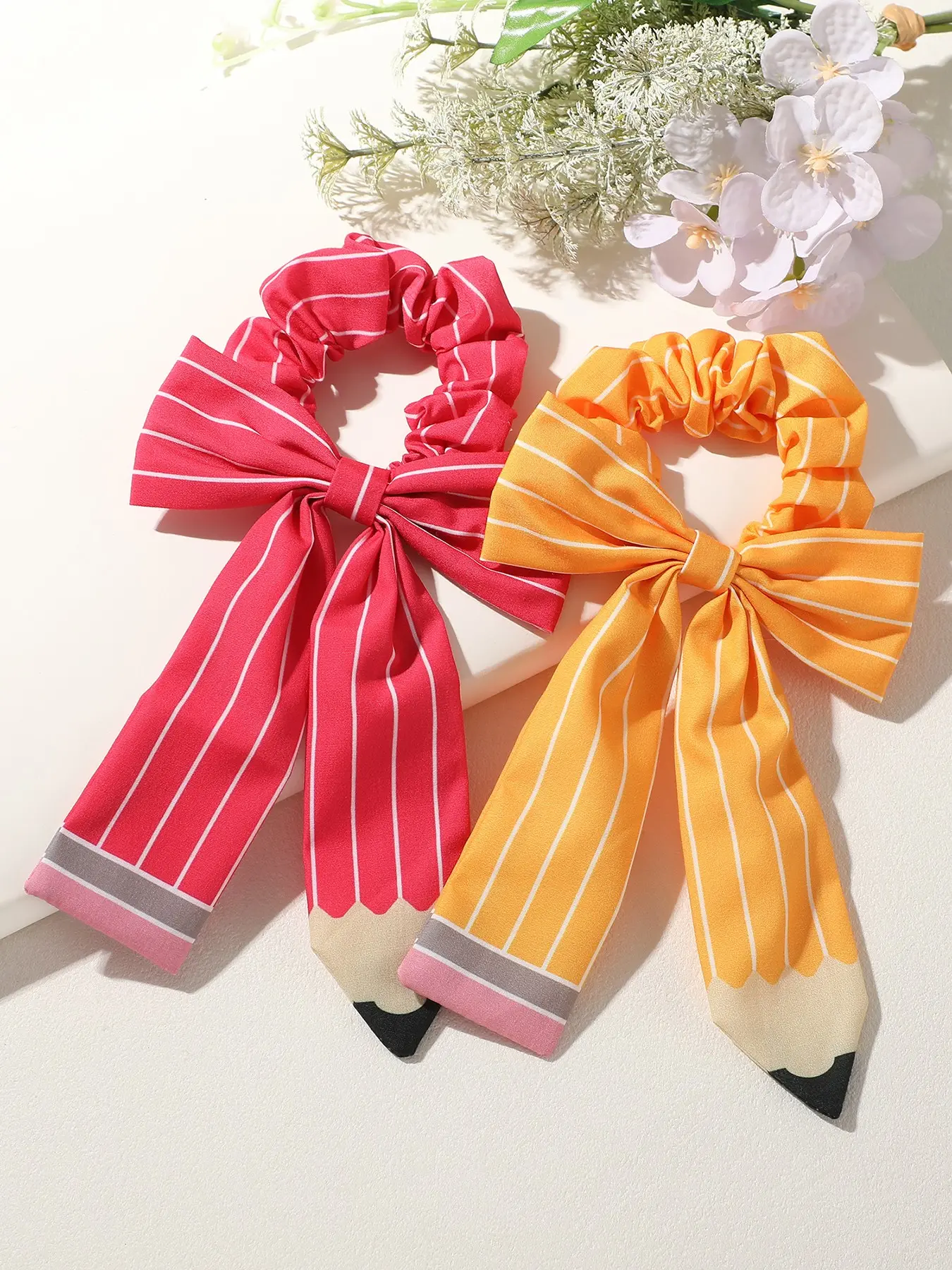 2pcs Creative Pencil Bow Hair Ties, Cute Striped Fabric Headbands, Preppy Style, All Seasons, Perfect for Back-To-School, Gift for Friends