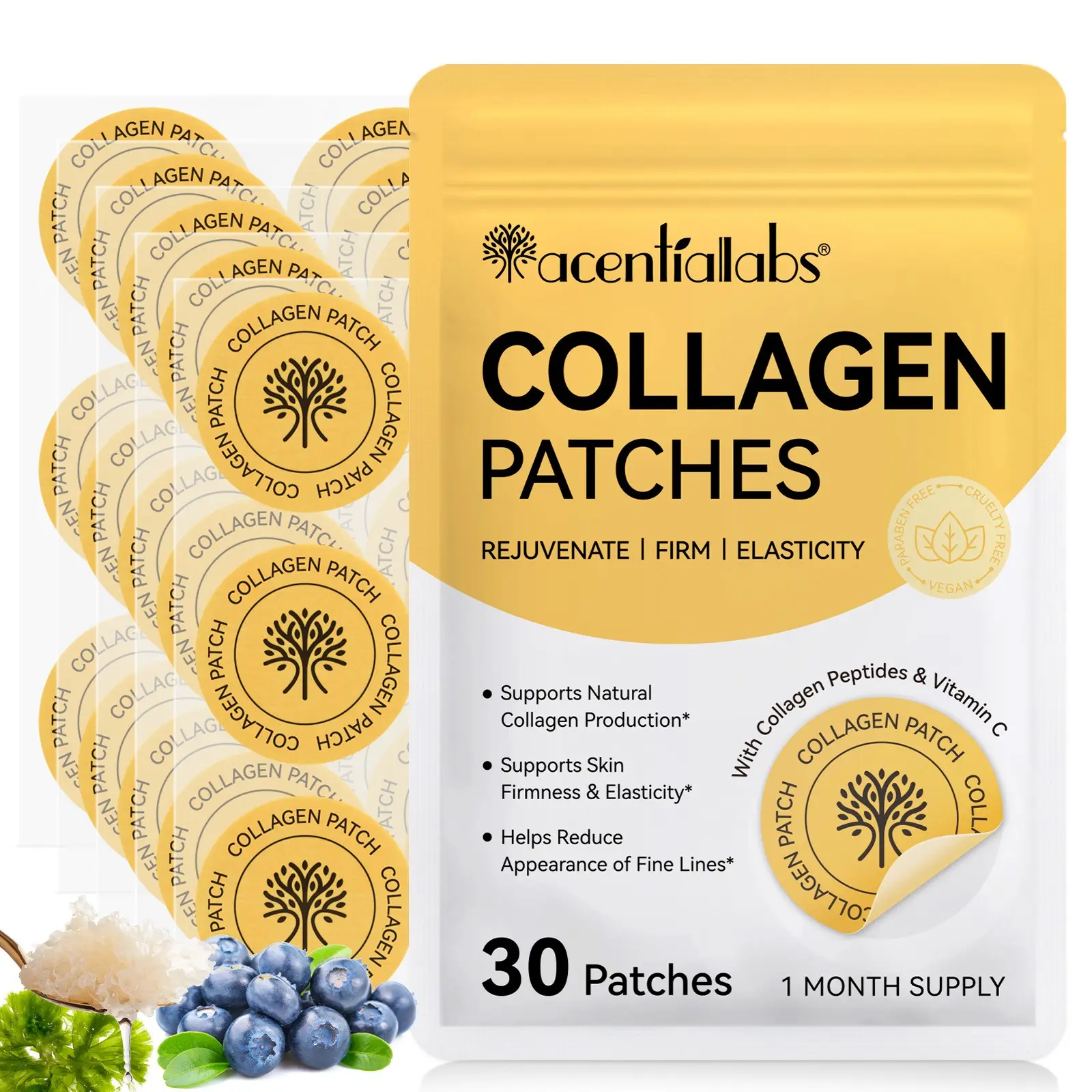 Acentiallabs Collagen Patches 30pcs Bag, Vitamin C, Blueberry and Seaweed Extract, Mild Gentle Formula, Improves Skin, Daily Use, Waterproof, Easy to Use