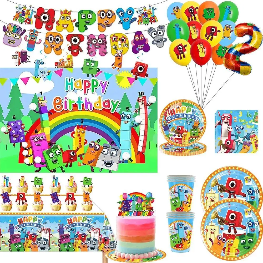 Cartoons Numbers Birthday Decorations Building Block Themed Party Supplies Balloon Kits Plates Tablecloths Banners Baby Shower
