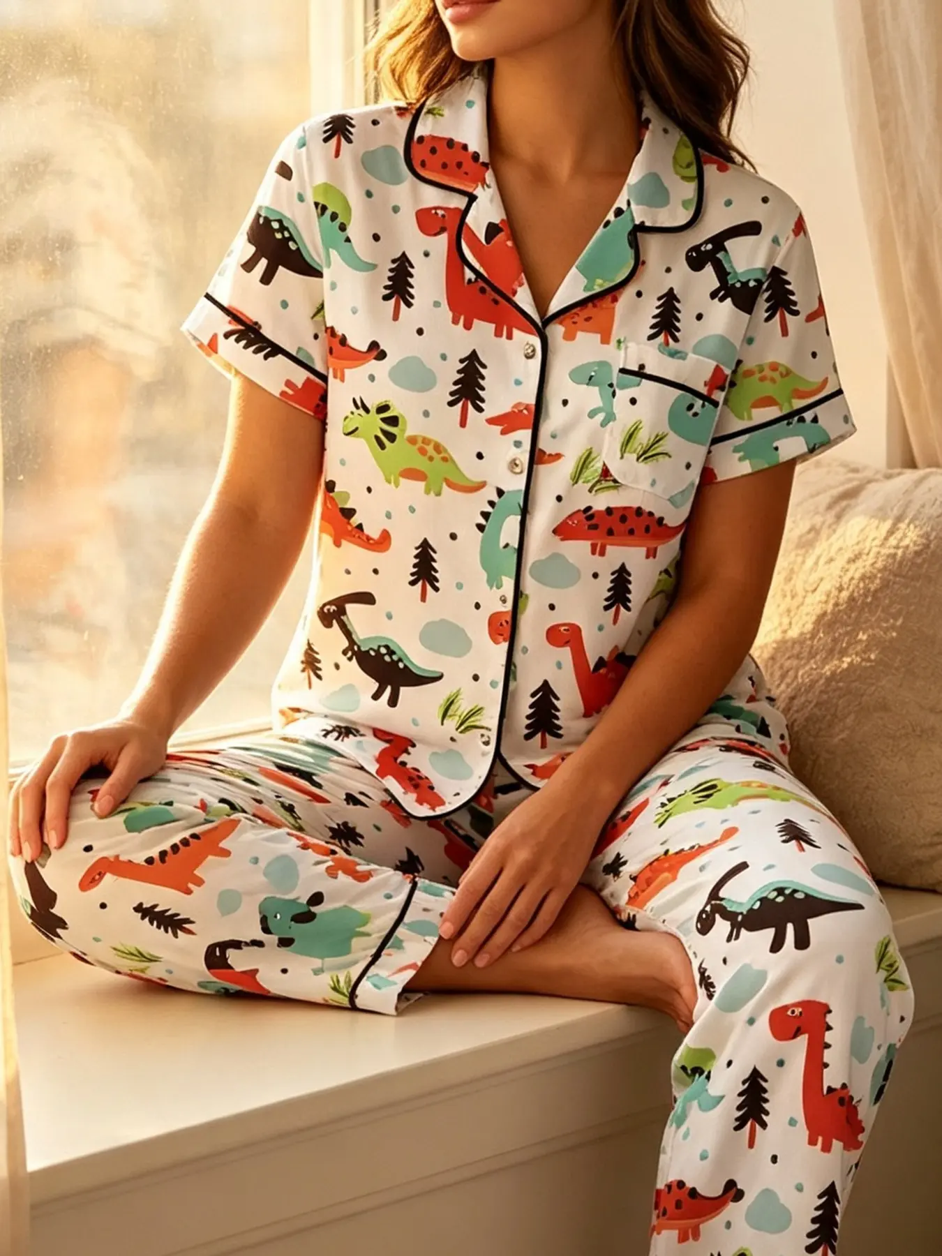 Women's 2-Piece Pajama Set, Short Sleeve Button-Up Shirt and Long Pants, Cute Cartoon Dinosaur Print, Casual Home Wear for All Seasons