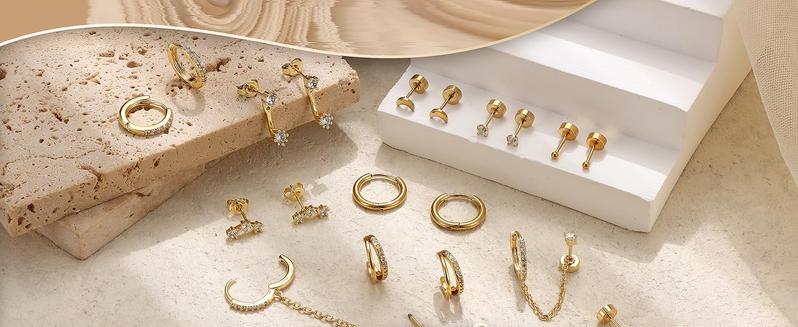 Florideco Small Gold Earrings for Women Hypoallergenic 20G Surgical Stainless Steel Flat Back Stud Earrings Dainty Stackable Earring Stacks Hoop Cartilage Earring Sets for Multiple Piercing