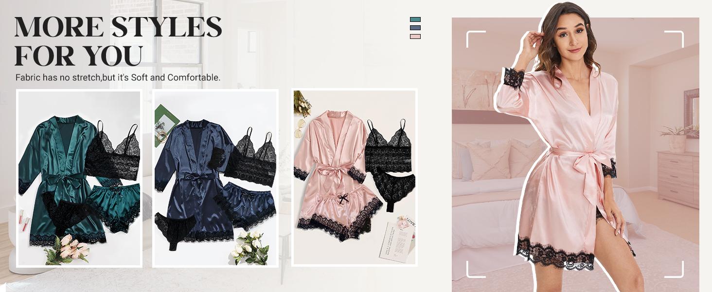 Women's 4-Piece Silk Satin Bridal Honeymoon Sleepwear Set, Floral Lace Cami with Robe