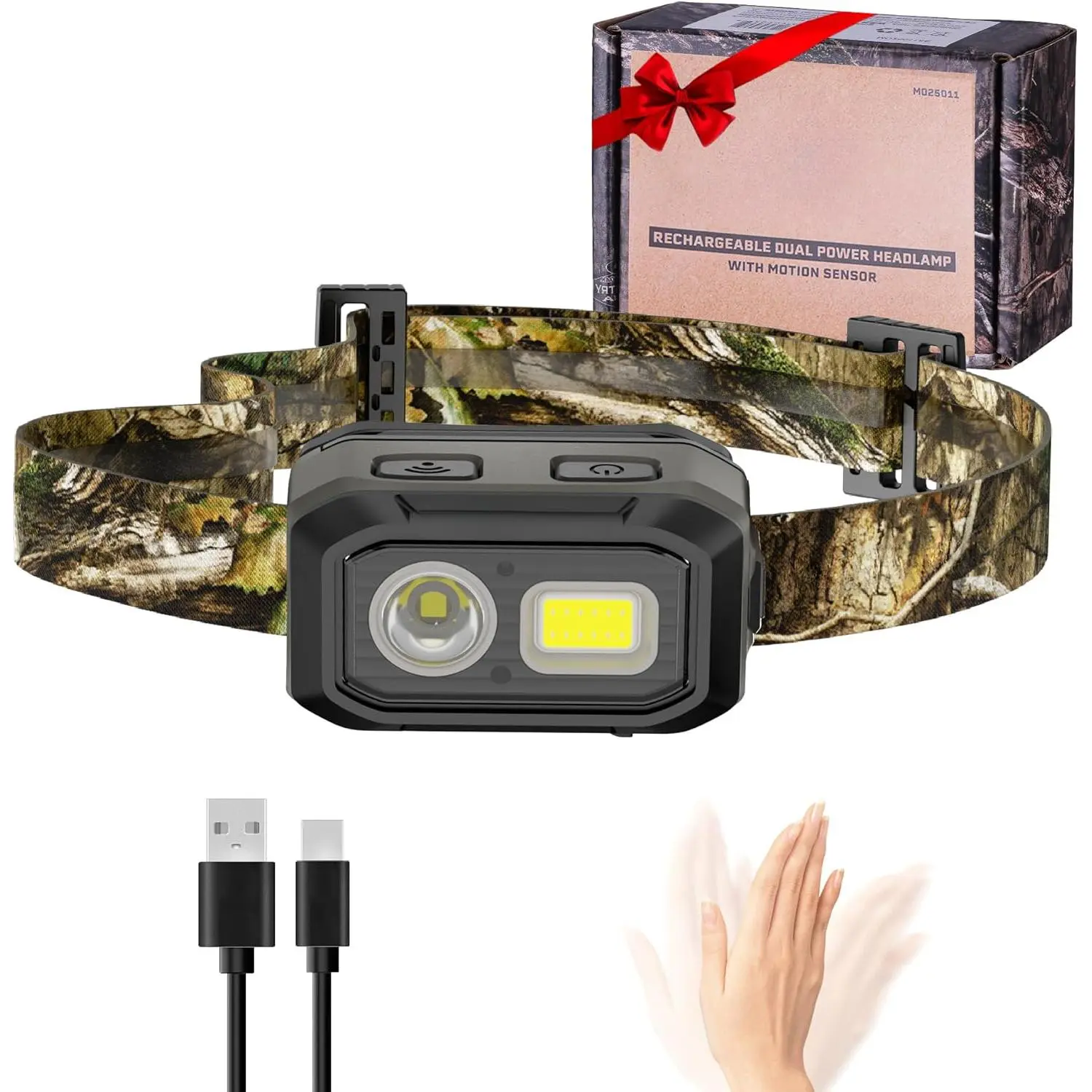 600 Lumens LED Headlamp, Dual Power Source, Motion Sensor Head Lamp with Magnetic Base, Stepless Dimming, Memory Mode  Camping, Hiking, Work, Repair, Mechanic