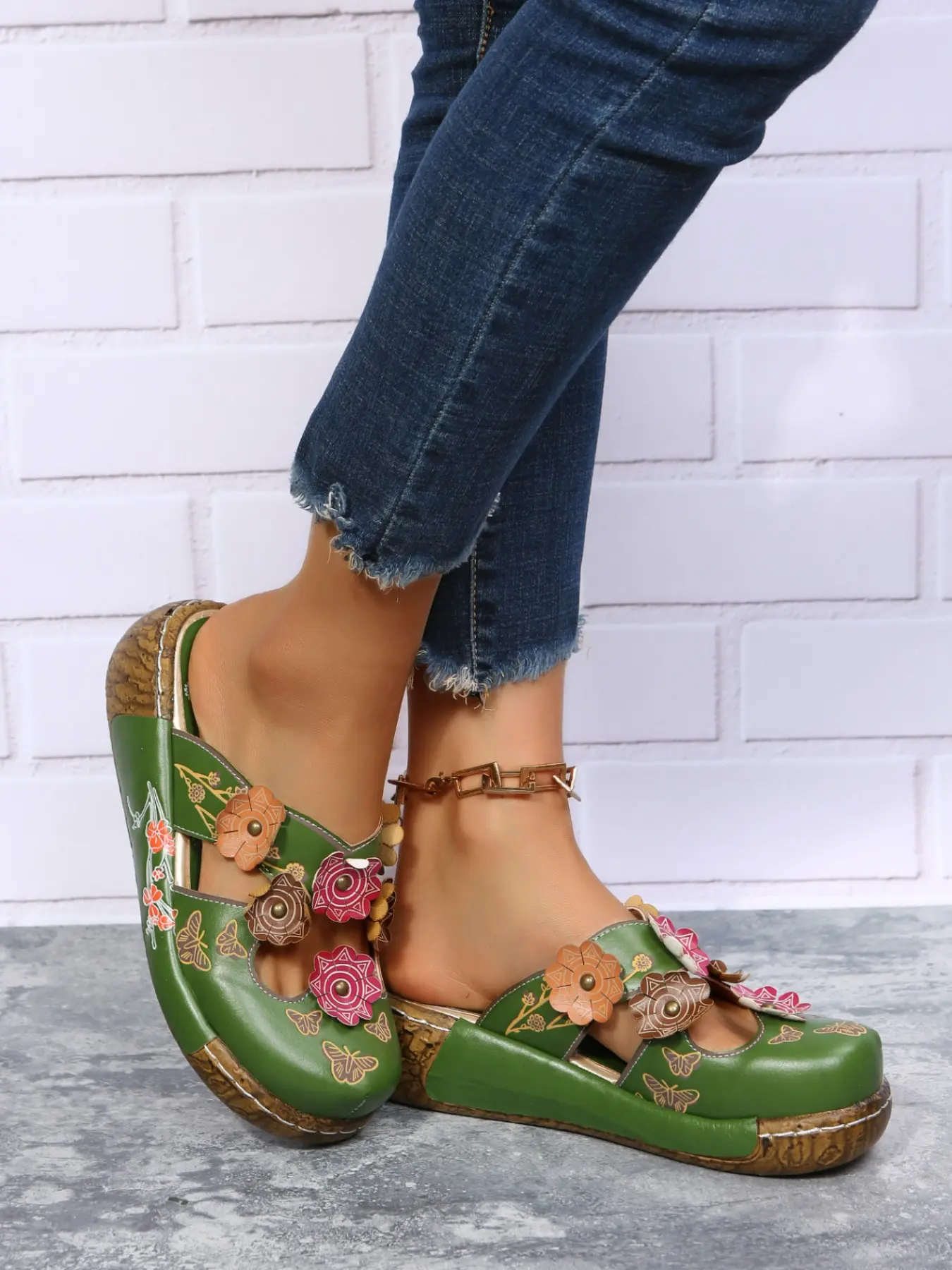 Vintage Floral Flip-Flops, Ethnic Style Wedge Sandals, Plain PU Leather, Rubber Sole, Casual Thick Bottom, Butterfly Print, Boho Mueller Shoes
