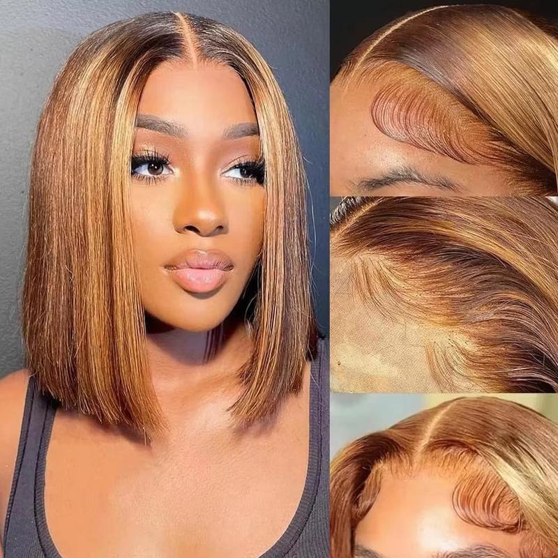 14 Inch Highlight Short Bob Human Hair Wigs 4/27 Color Brazilian Hair Honey Blond Straight 13x4 Lace Front Wigs For Black Women