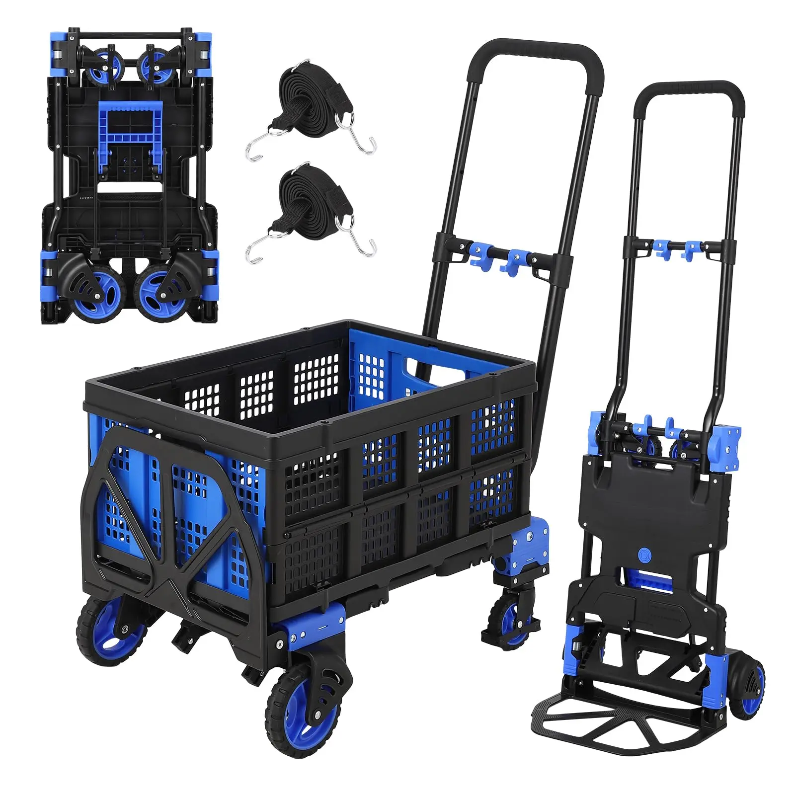 GARVEE Foldable Cart 2 in 1, Max 149.7kg, with Removable Basket, Retractable Handle and 4 Wheels, Portable and Multi-purpose Cart for Transport at Home, Office, and Warehouse (Blue)