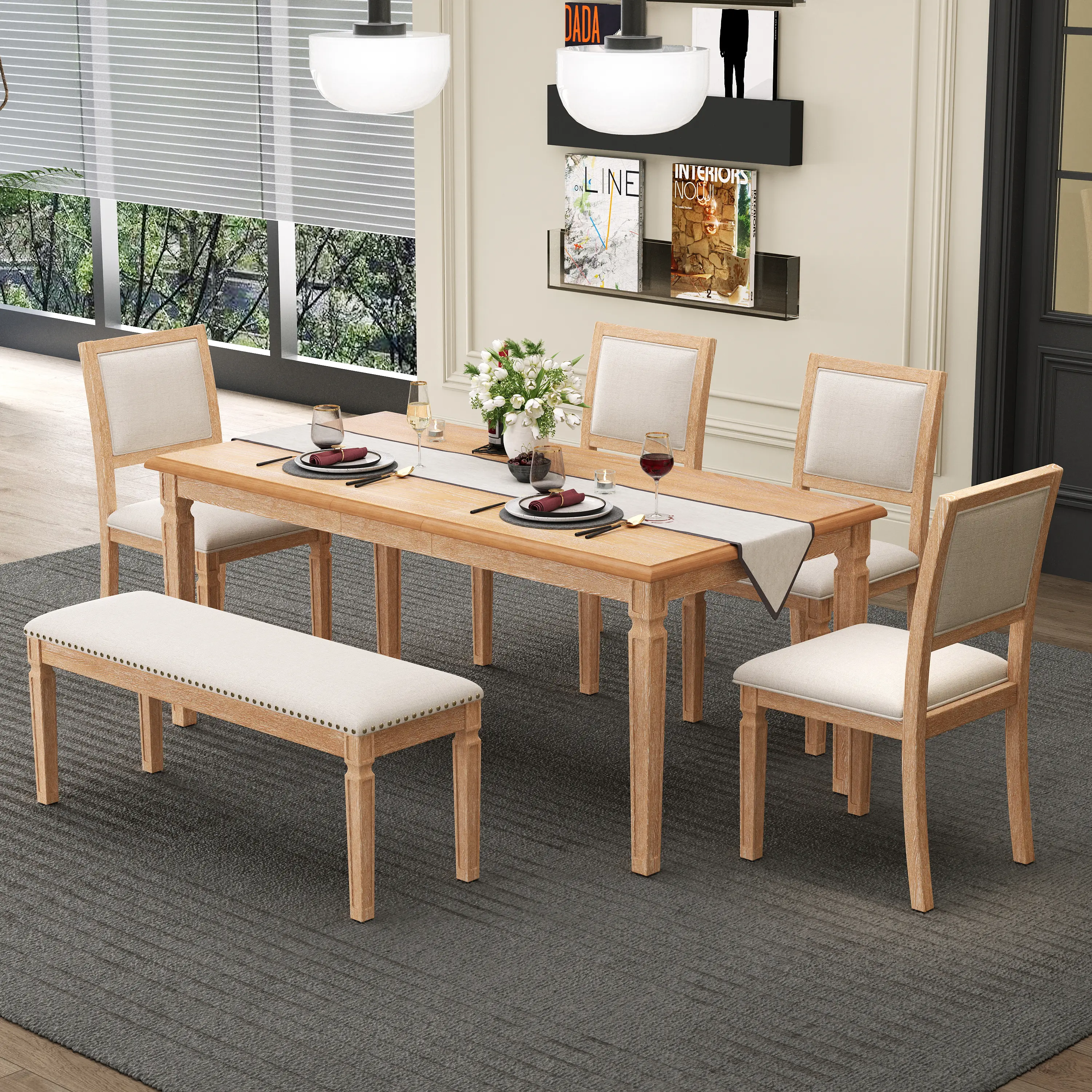 ARCH Vintage Extendable Dining Table Set for 6 with 4 Chairs & Bench, 59-72 Inch Rustic Farmhouse Kitchen Table Set, Distressed Natural Wood Wash Finish, Retro Carved Legs, Dining Room Furniture Set for Family Gatherings, Dining Room Chairs