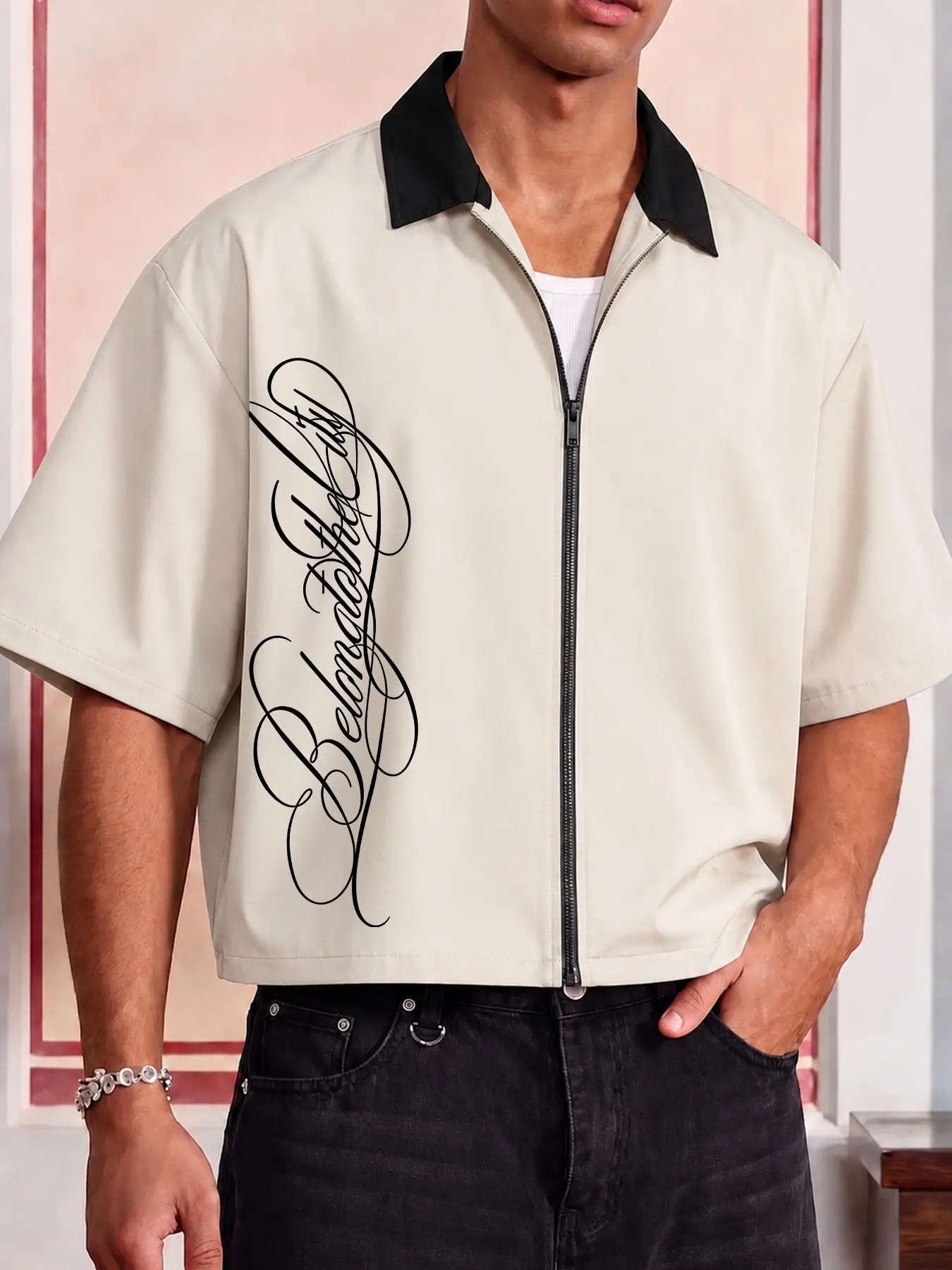 Casual Men Short Sleeve Zip Cargo Shirt Turn Down Collar Graphic Letter Pattern Hip Hop Street Wear Lightweight Breathable Summer Crop Blouse for Citywalk Casual Collared Shirt