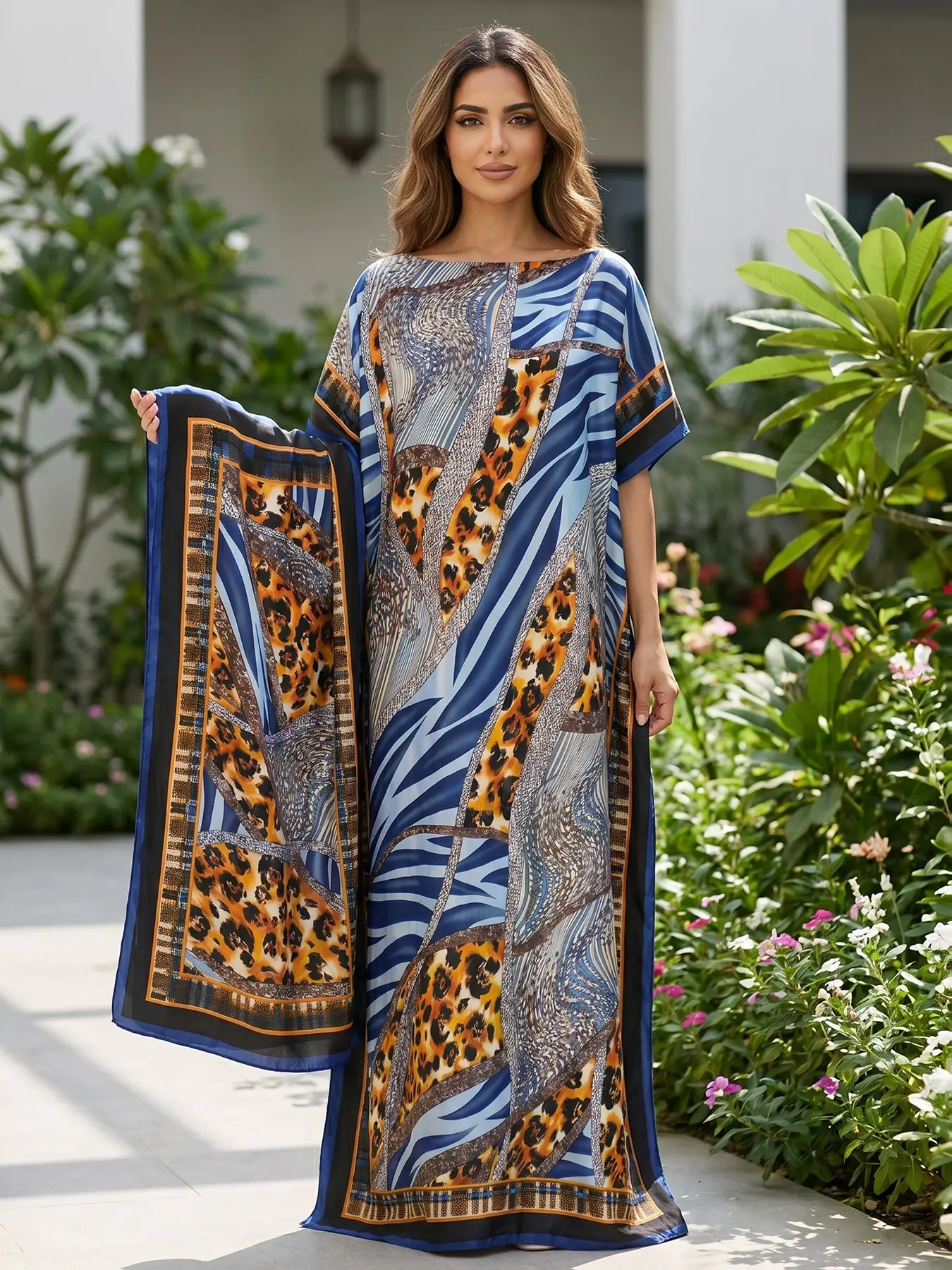 Plus Size Women's Printed Satin Kaftan Dress + Scarf Set, Loose Fit One-Shoulder Summer Home Dress, Fashion Comfortable Sleepwear