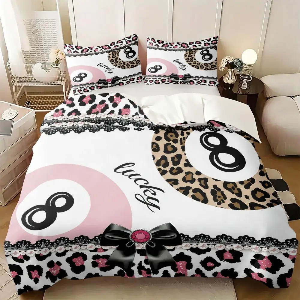 2/3Pcs Y2K Aesthetic Bedding Set, Lucky 8 Ball & Leopard Print Duvet Cover Set, Pink Bowknot Bedroom Decor, Soft Microfiber Bedding Set with Pillowcase, Stylish Duvet Cover for Teens Girls Room No Fillers