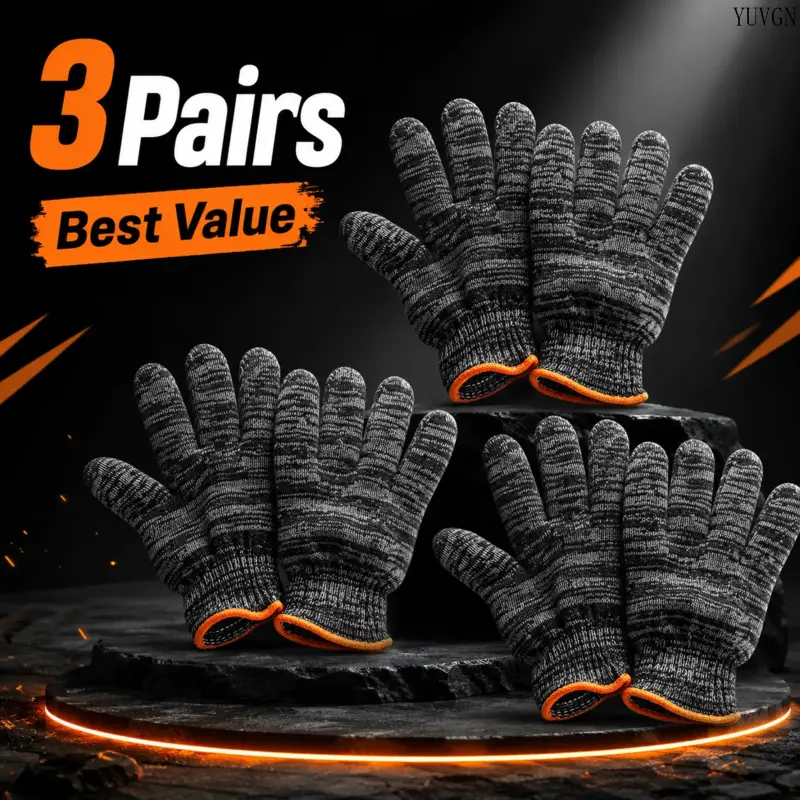 Men's 3-Pair Lined Thick Thermal Fingered Knit Work Gloves Set Pack - 1 Size, Elastic Cuff, Lined Warm Winter Gloves for Outdoor Working, Daily Commute