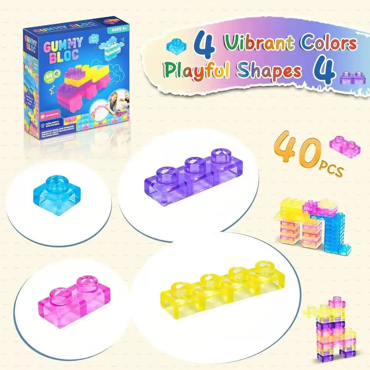 40pcs Sensory Soft Blocks, Montessori Toy Set for Kids, Stretchable Early Learning Building Toys, Creative Puzzle Blocks