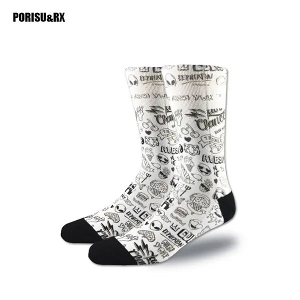 Quick Dry Terry Sole Breathable Sweat-Wicking Sports Socks, Unique Graffiti Print Casual Mid-Calf Street Skate Socks for Men & Women