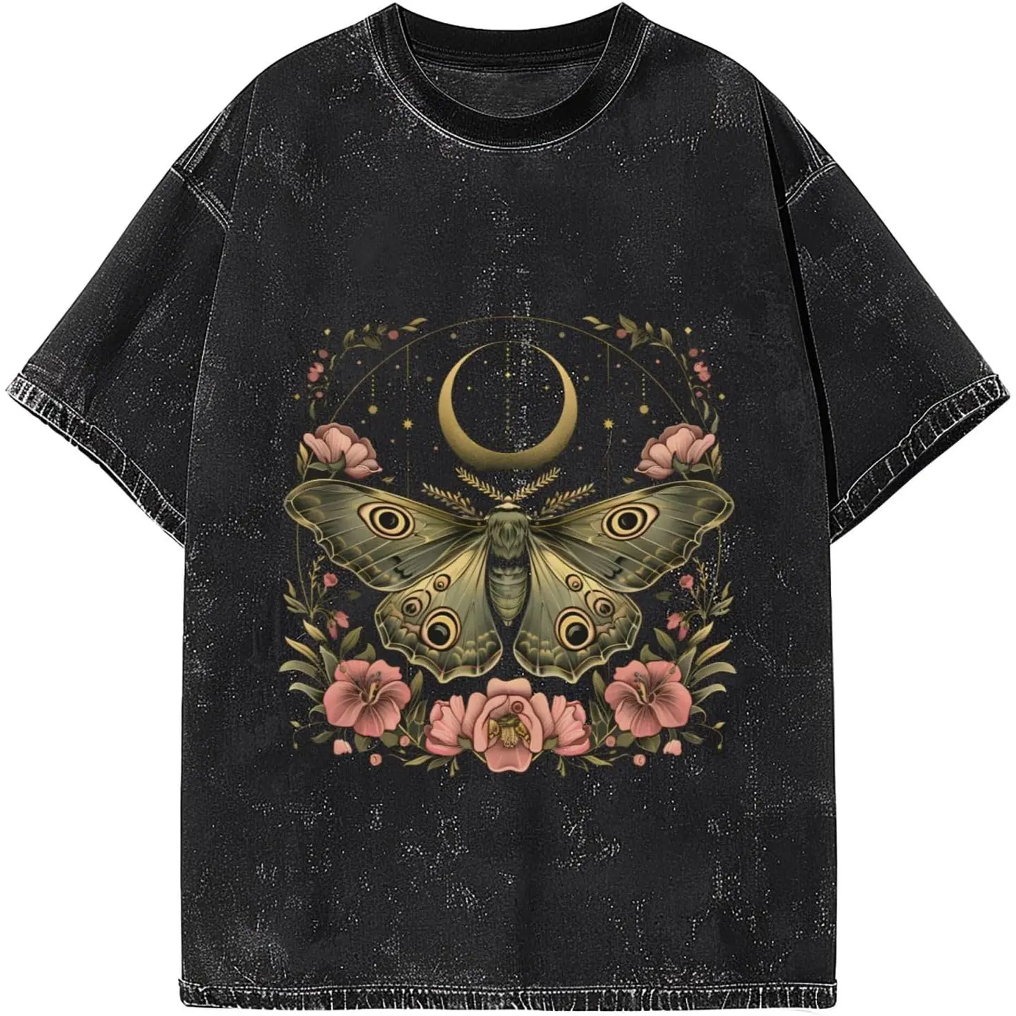 Vintage Wash Celestial Moth Graphic Tee Acid Wash Aesthetic Premium Cotton Tshirt Witchy Moon Floral T Shirt Women Short Sleeve Crewneck Top Fun Gift Men Loose Casual Top Oversized Summer Outfit
