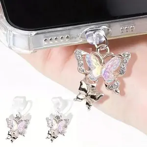 Women's Luxury 3Pcs 3D Butterfly Diamond Phone Dust Plugs - Sparkling Rhinestone Pendant Decorations for iPhone, Samsung, Smartphone, Cellphone, Mobile Type-C Charging Ports - Indoor Recreation Charm Accessories Gift