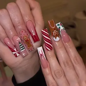 24pcs Long Almond False Nails, Christmas Theme Hand-Painted Gingerbread Man Tree Candy Holly Bow, Detachable Festival Nail Art Set