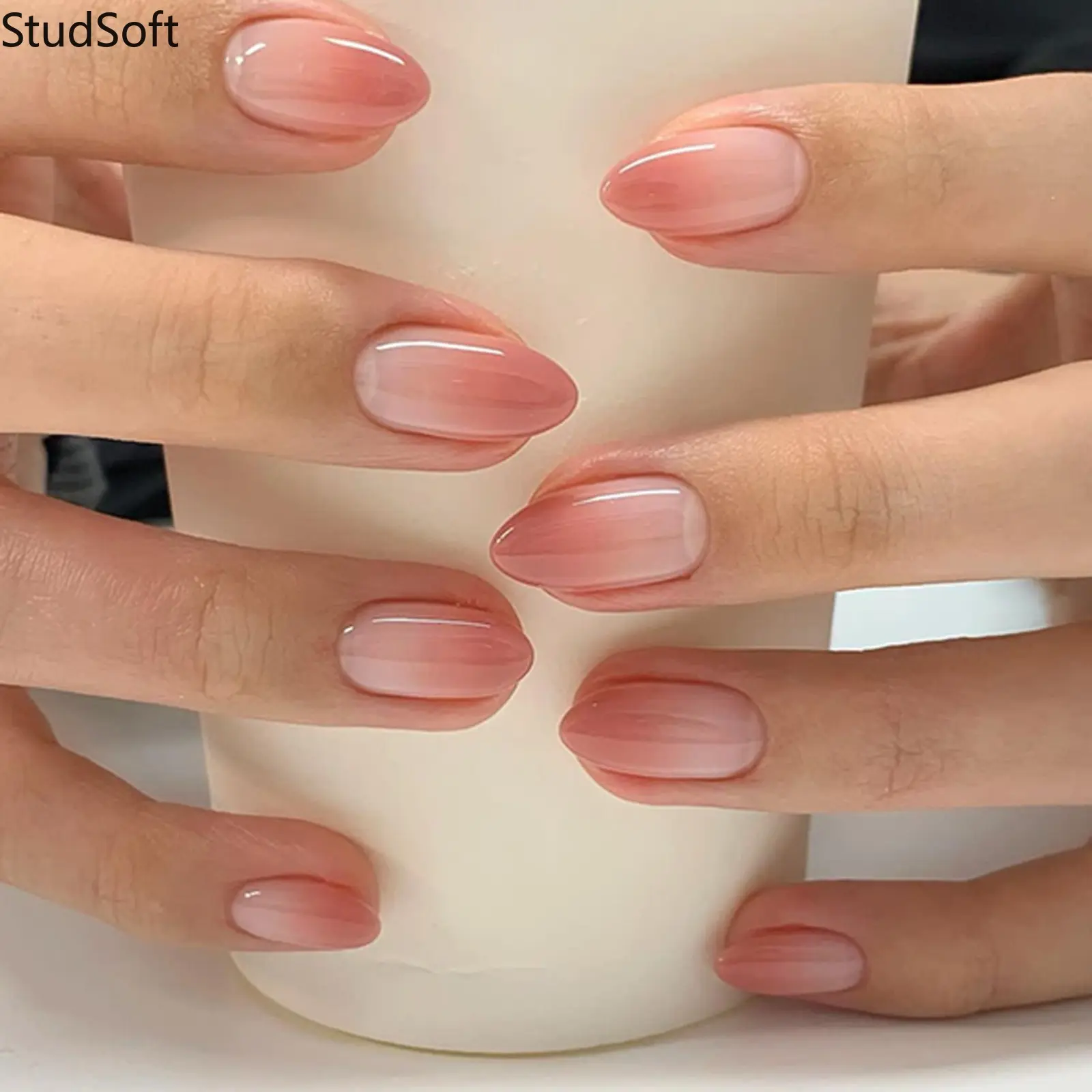 24Pcs Glossy Short Oval Press on Nails Pink Blush Fake Tips Jelly Nude Aura Gradient Full Cover Acrylic Glue Manicure for Women Daily Office