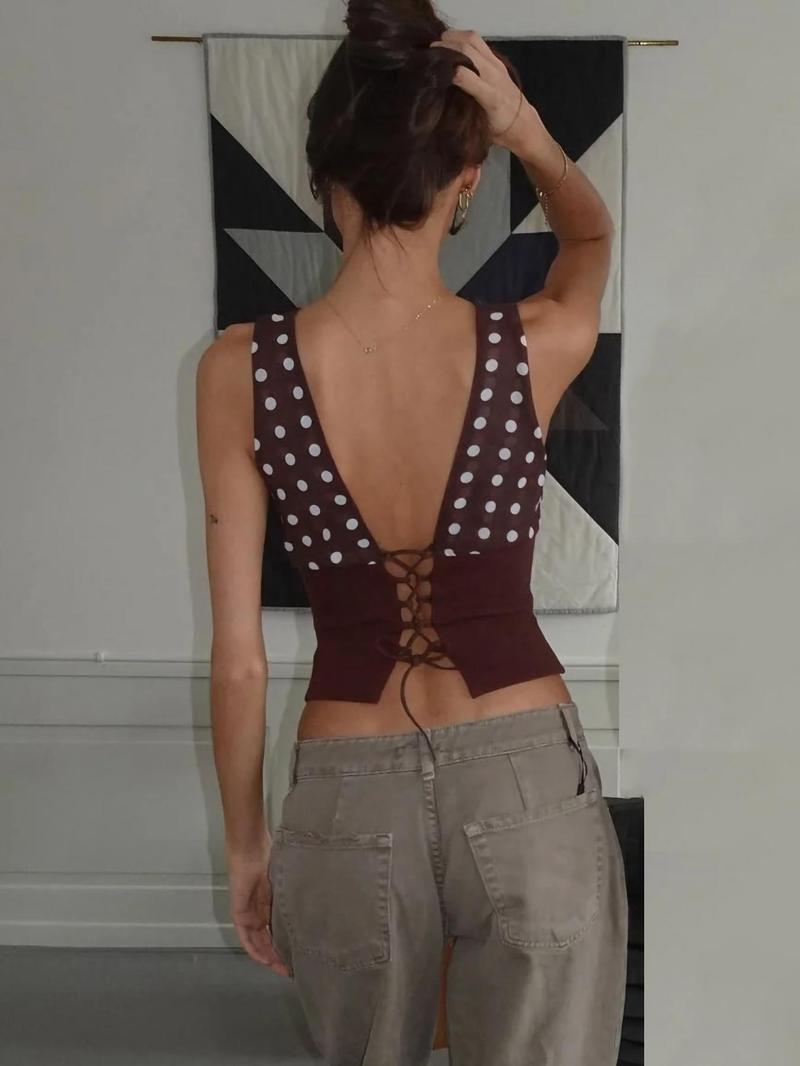 Women's Polka Dot Print Asymmetrical Neck  Crop Tee, Boho Chic Sleeveless, Elegant Fashion Casual  Top for Daily Outdoor Wear, Women Clothing for Summer