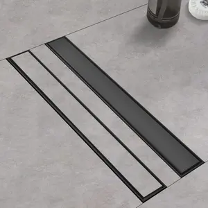 Linear Shower Drain with Tile Insert Panels, 24 Inch Black 304 Stainless Steel Rectangle Shower Floor Drain, with Hair Catcher, Adjustable Feet, Fits Bathroom, Balcony
