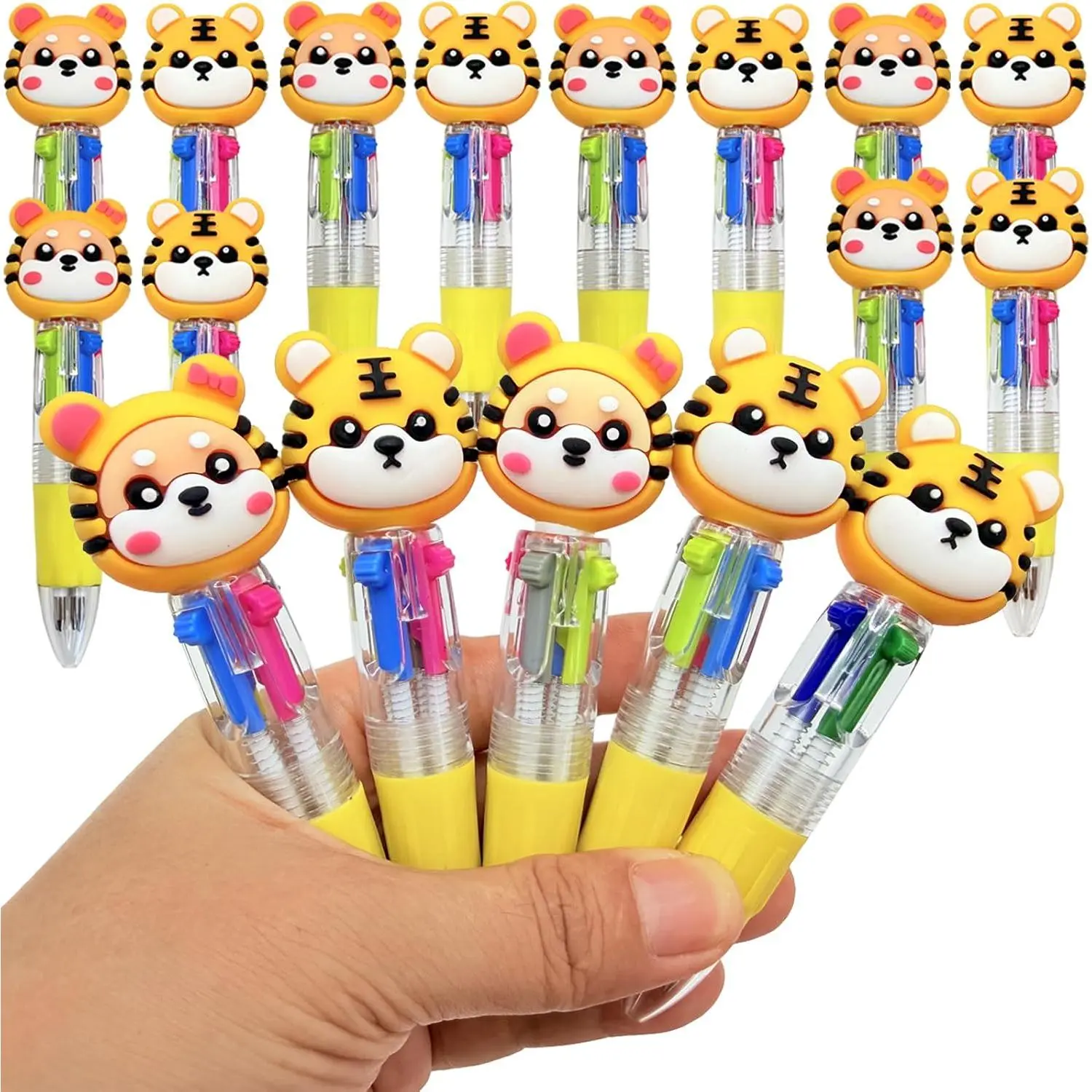 Bulk Pack 4-in-1 Mini Tiger Multicolor Ink Ballpoint Pens, 12-Count Office Stationery for Journaling, Note-Taking (Teachers, School & Office Use), Cute Tiger