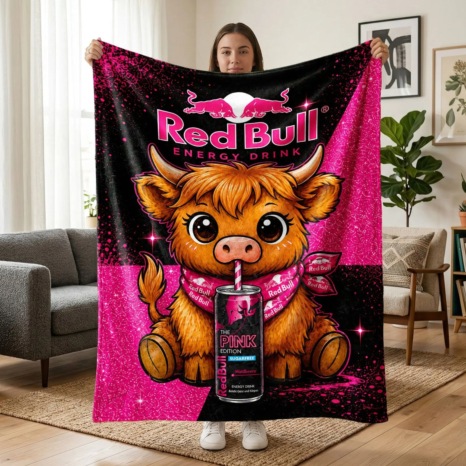 1pc Pink Red Bull Highland Cow Cartoon Fleece Blanket, 3 Styles Glitter Mountain Background Cute Fluffy Calf Energy Drink Trendy Print. Soft Warm Throw for Sofa, Bed, Office, Camping Trip, Ideal Christmas Gift.