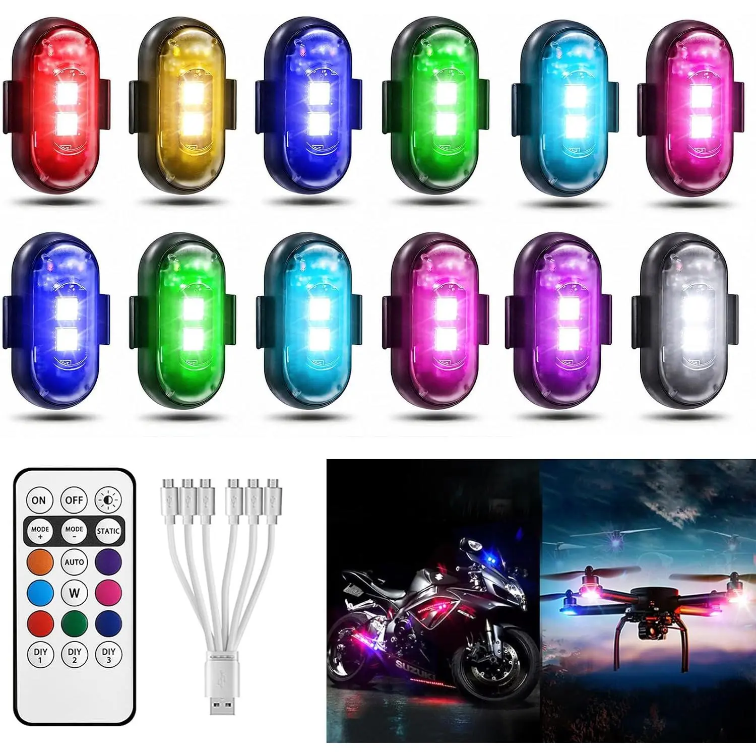 Wireless LED Strobe Lights with Remote Control, 8 Colors USB Rechargeable Anti-Collision Emergency Warning Lights for Car Motorcycle Bike Drone Aircraft