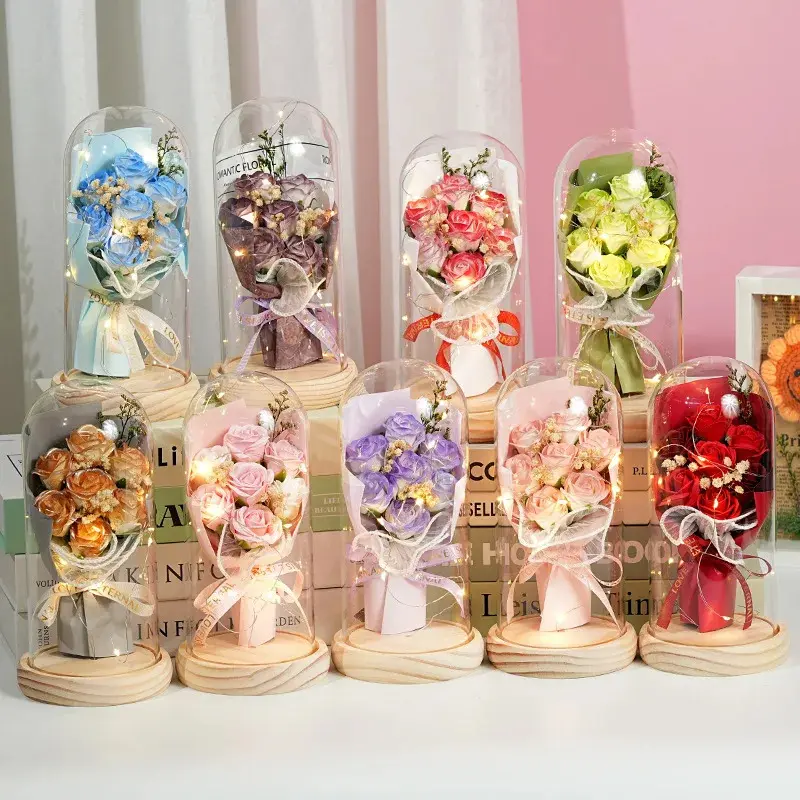 Artificial Flower Bouquet with Rose Lamp Glass Cover, Eternal Flowers, Carnations, Starry Sky Design - Home Decor Gift for Mother's Day, Valentine's Day, Artificial Artificial Flowers