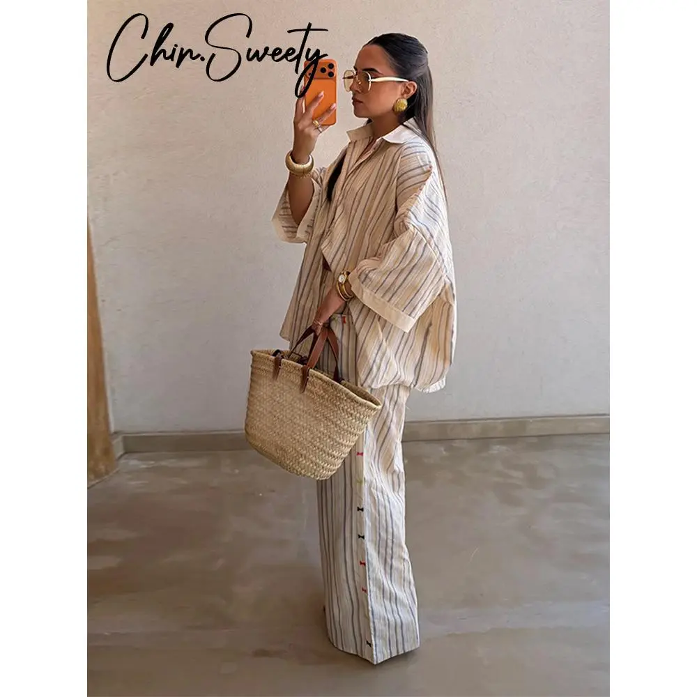 Chic Contrasted Color Women's Shirt Trouser Suits Long Sleeve Turn-Down Collar Loose Wide Leg Pant 2026 Summer Female Outfit New