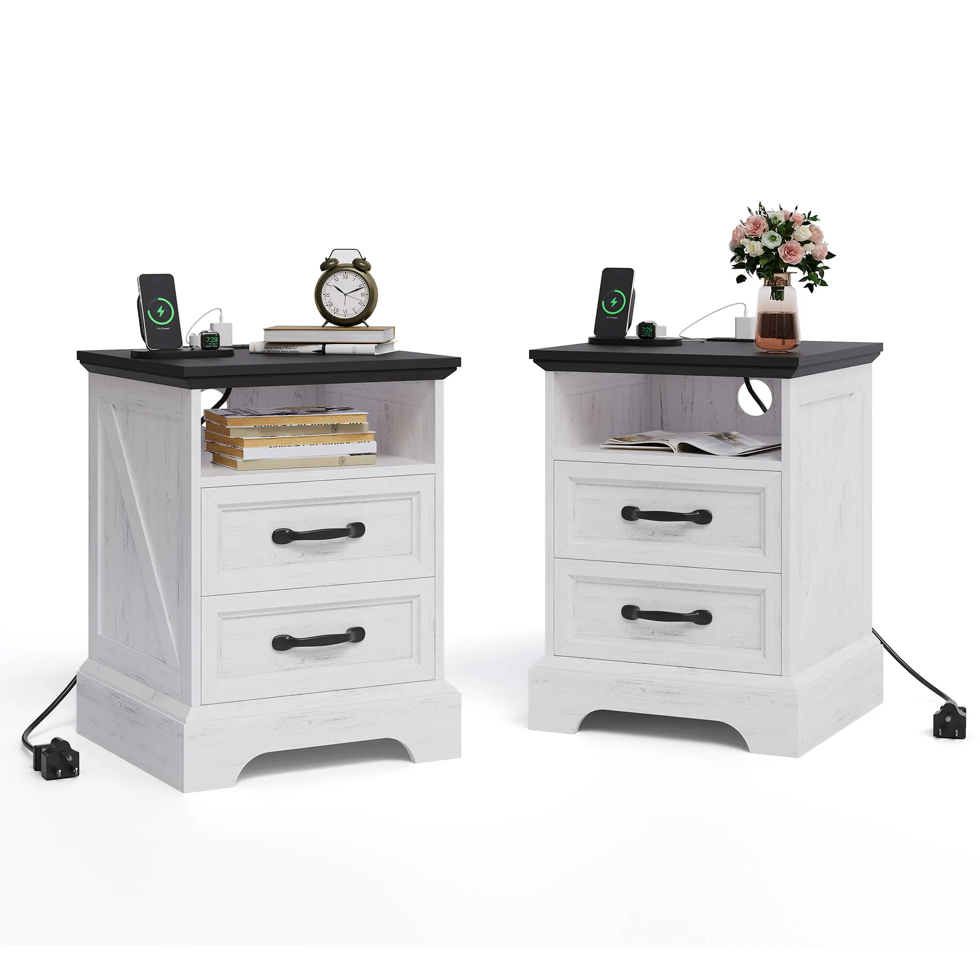 Modern Farmhouse 2-Piece Standard Nightstand Set, Space-Saving Indoor Furniture with 2 Drawers & Open Shelf, Dresser & Mini Console Table for Various Room Types, Small Room Ideas Design, Side Tables