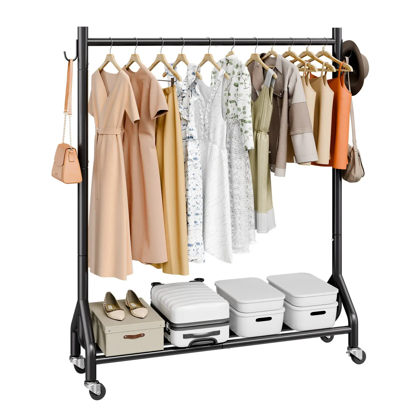 VEVOR Clothes Rack, Rolling Clothing Garment Rack with Hanging Rod and Side Hooks, 198 lbs Load Capacity, Heavy Duty Carbon Steel Clothing Racks with Wheels, Ideal for Bedroom, Laundry, Living Room
