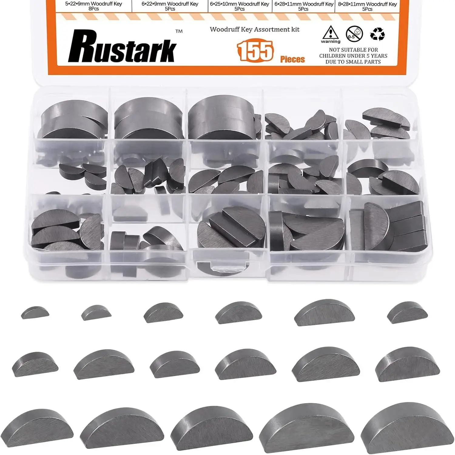 155Pcs 17 Sizes Woodruff Key Stock Assortment Kit Half Moon Semicircle Bond Key Flywheel Key Metric Hardware for Mechanical Industry Use