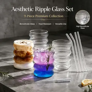 9 Piece Premium Clear Wavy Ripple Glass Tumbler Set Heat Safe Borosilicate Glasses Matching Glass Straw And Cleaning Brush