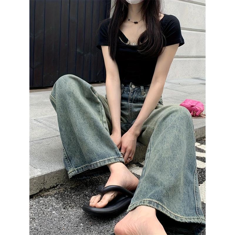 Women's Vintage Loose Jeans - Slant Pocket, Straight Cut, Classic Green-Blue