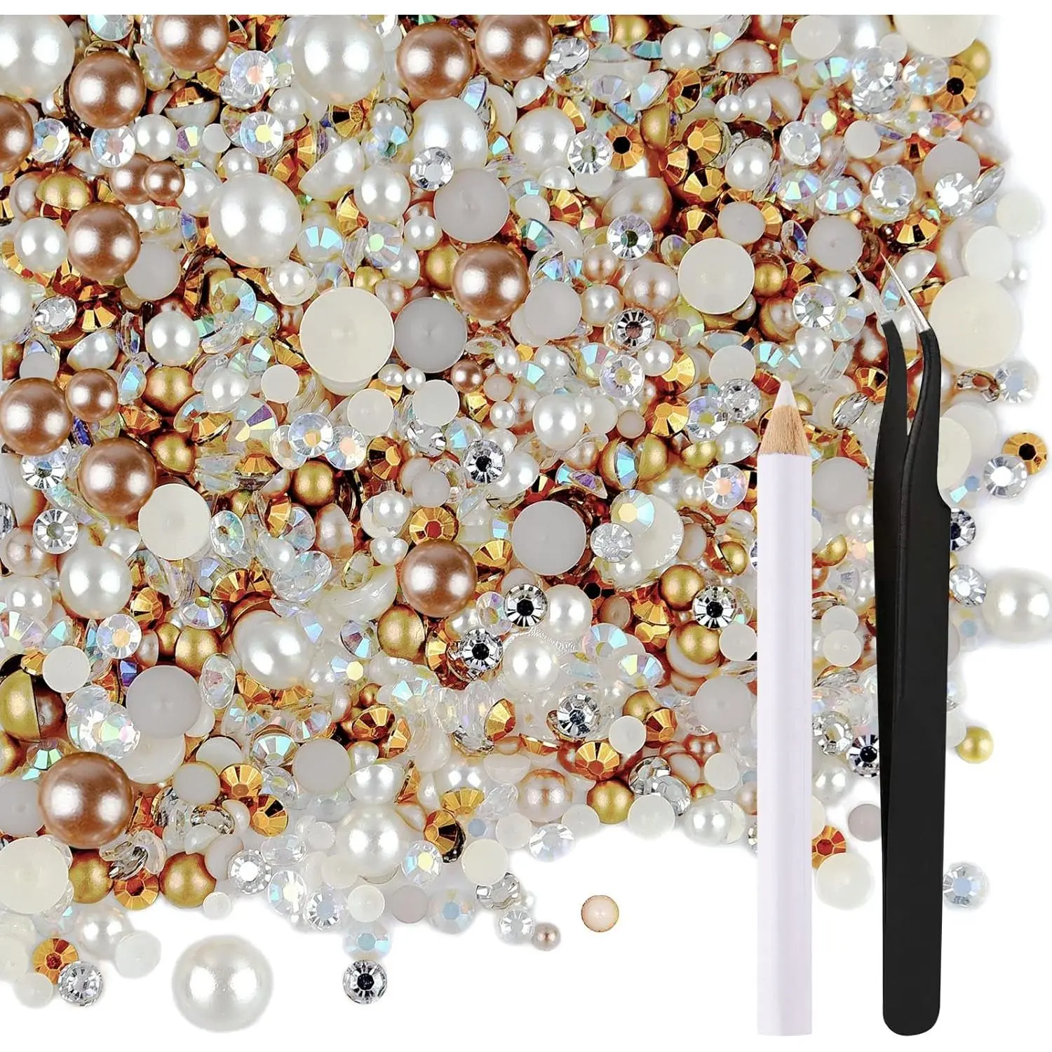 ASTARON 50g Shiny Finish Flatback Set - Mixed Sizes 3mm-10mm Resin Gems & Half Pearls for Craft Projects, DIY Tumblers, Nail Art (Champagne Gold Series), Basic