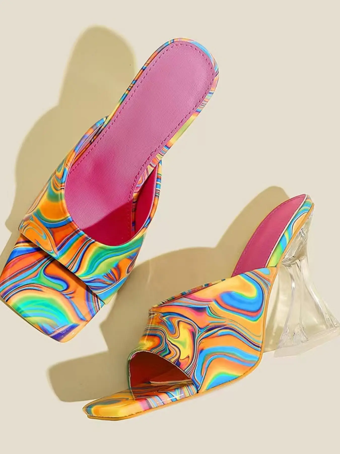 European Y2K Rainbow Gradient High Heel Shoes, PU Material, Rubber Sole, Summer Party Evening Wear, Sexy Nightclub Footwear