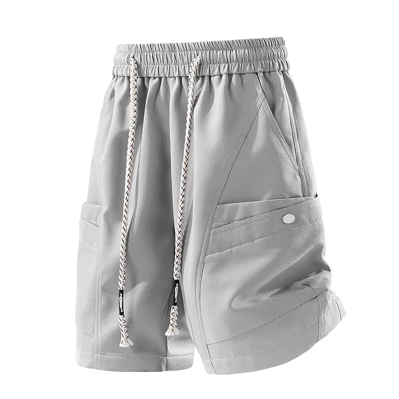 Elastic waist cargo shorts fitted with thick braided drawcords for adjustable fit, large side patch pockets secured by snap buttons, smooth lightweight fabric, relaxed cut ideal for casual daily and outdoor wear # SummerWins