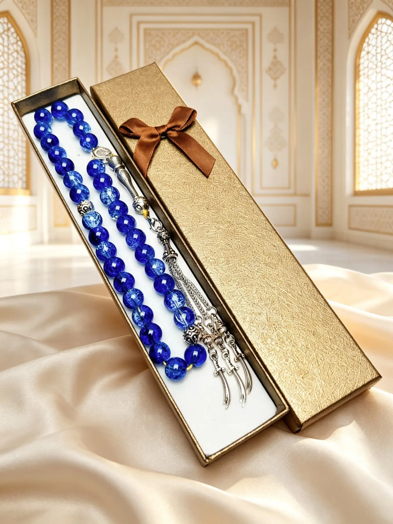 33 Beads 10mm Blue Floral Glass Beads with Arabic Knife Pendant, Daily Islamic Prayer Bead Bracelet, Tasbih Counter, Muslim Gift
