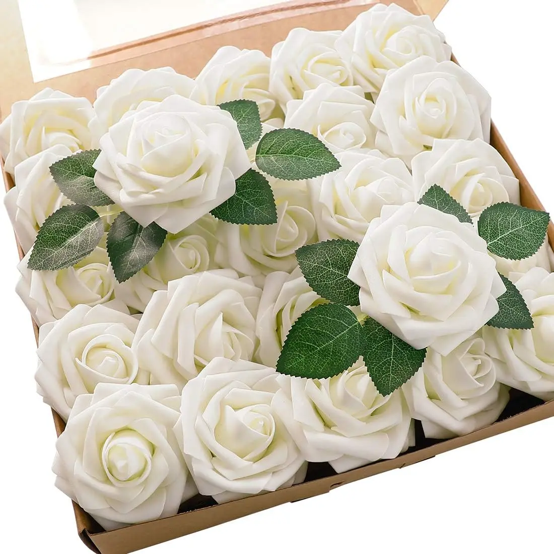 25pcs Ivory Artificial Rose Flowers Foam Roses w/Stem for DIY Wedding Bouquets Centerpieces Bridal Shower Party Home Decorations, 3" Real Touch DIY Foam Floral for Wedding Bouquet/Centerpieces, Outdoors Party Backdrop, Room/Table, Christmas Decor