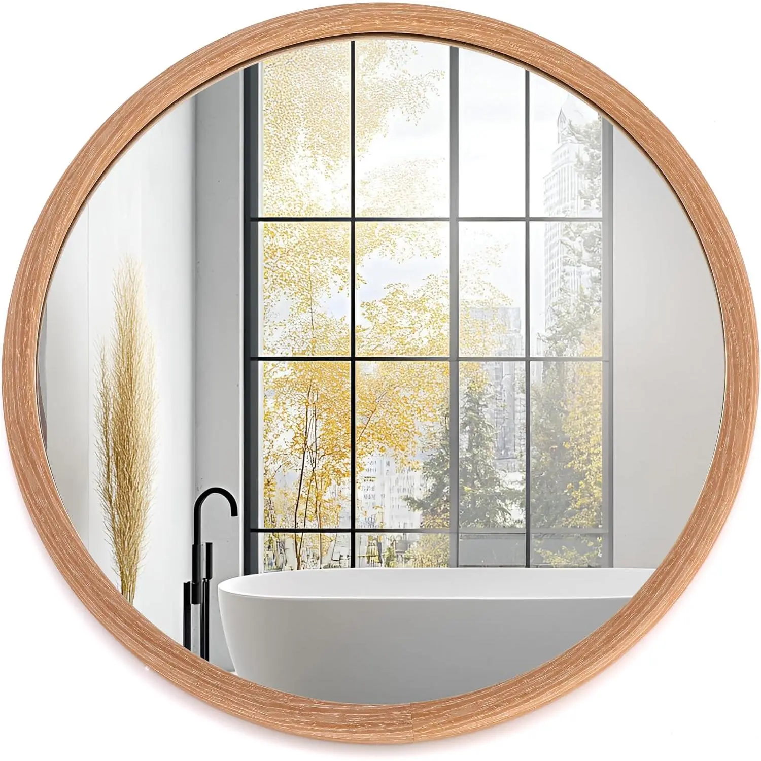 Round Oak Woodgrain Frame Wall Mirror 20 Inch Rustic  | Decorative Brown Circle Mirrors for Bathroom   Mirror Hallway Entryway Bedroom (Oak, 20"L x 20"W)