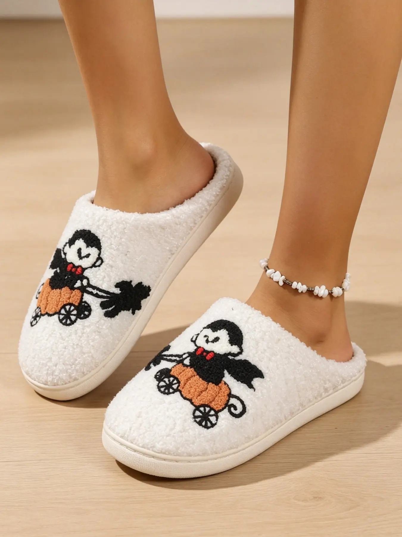 Women's Halloween Vampire Pumpkin Car Embroidered Slip-On Shoes, Soft Teddy Fleece Lining, Non-Slip Flat Mules, Cozy Indoor Footwear