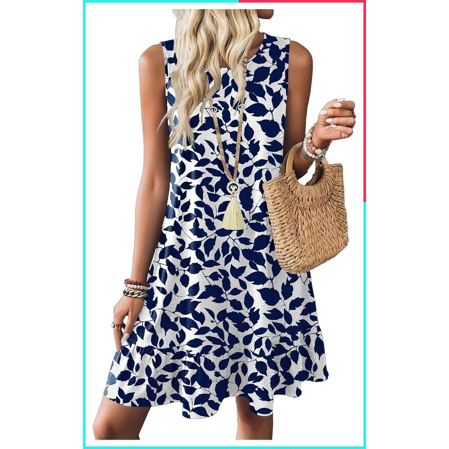 Women's Summer Casual Loose Sleeveless T-Shirt Sundress with Ruffle Hem and Pockets, Beach Tank Dress
