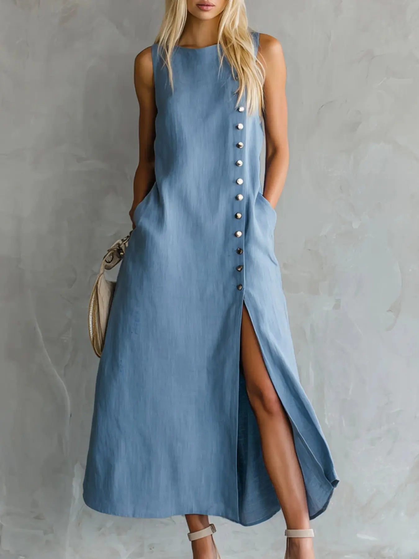 Women's Boho Style Dress, Boho Fashion Sundress, Spring Summer Sleeveless Split Hem, Light Blue Pocket Long Dress, Casual Office Home Party Vacation